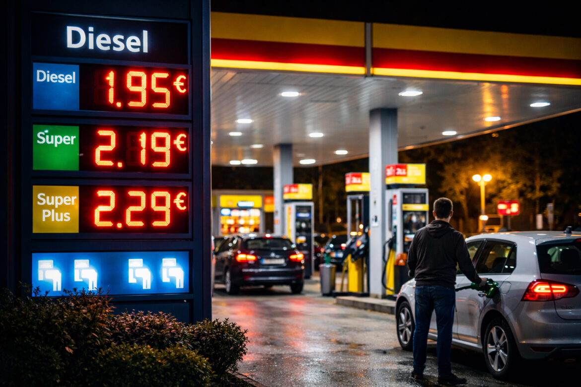 Tankstelle in Österreich mit steigenden Benzinpreisen wegen höherer Rohölpreise auf dem Weltmarkt